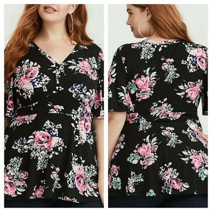 Torrid Peplum Top Black Floral Jersey 1X